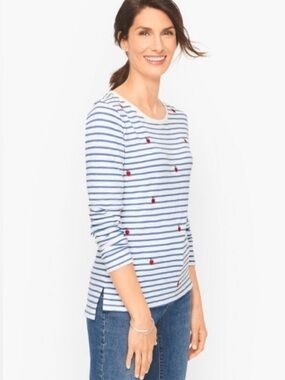 Talbots Plus blue striped long sleeve shirt with embroidered apples 0X